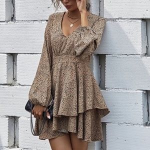 Leopard Print v neck Print Tiered Layered Dress